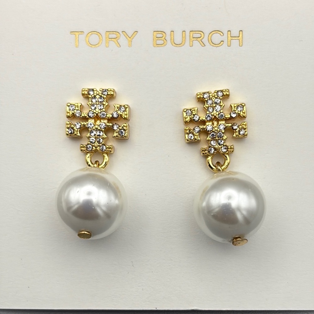 Tory Burch Kira Gold Tone and Crystal Pave Double T stud with Pearl drop - Picture 2 of 4